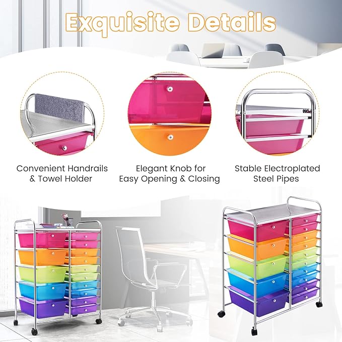 COSTWAY 15 Drawer Rolling Storage Cart, Multipurpose Mobile Storage Organizer w/Removable Drawers & Metal Frame, Utility Tools Paper Organizer on Wheels for Home, Office (Rainbow)