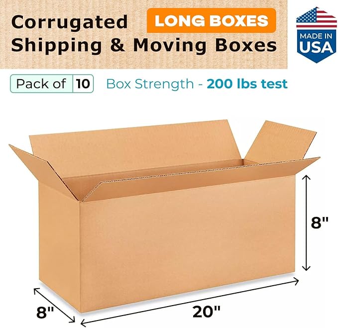 IDL Packaging Heavy Duty Moving Boxes - 20x8x8 inches (10-Pack) - Extra Strength 200 lb Corrugated Packing Boxes