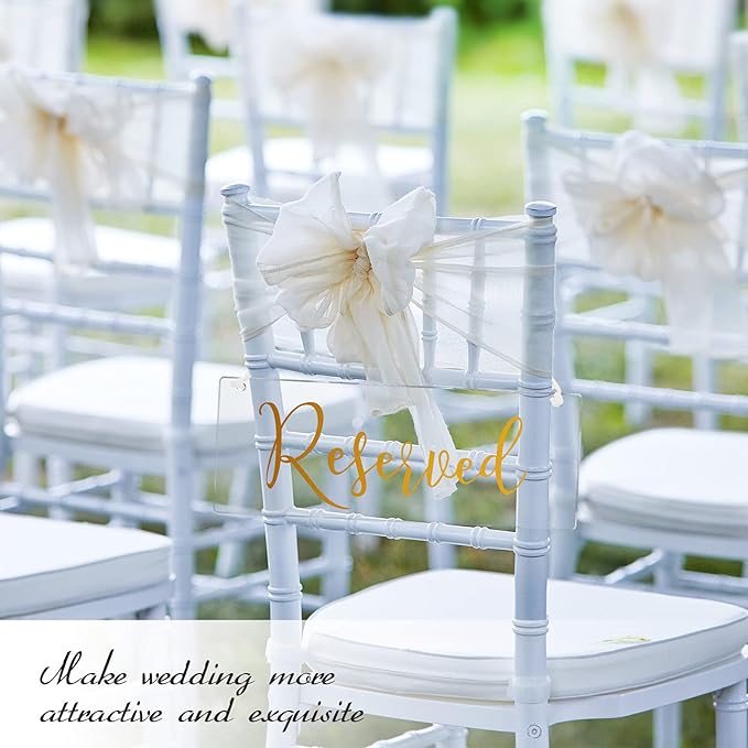 Blulu 6 Pcs Reserved Signs for Wedding Chairs Acrylic Tag Hanging with Ribbon for Wedding Reserved Signs for Important Events Church Pews Chair and Restaurant(Gold)