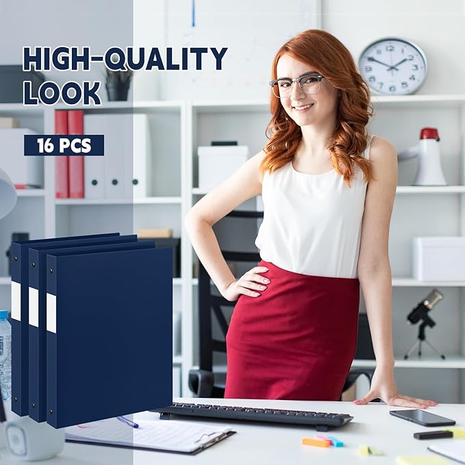 Henoyso 16 Pcs 3 Ring Binder 0.5 Inch Round Fits Letter Size 8.5'' x 11'' Paper Plastic Flexible Binder Bulk Holds 140 Sheets with 1 Pockets Versatile Organizer for Home Office School (Navy Blue)
