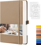 EMSHOI Dotted Notebook - 256 Pages A5 Dot Grid Journal Bullet Notebook with 120gsm Thick Dotted Paper,16 Perforated Pages, Hardcover Leather, Pen Holder, Inner Pocket, 5.75'' × 8.38''-Khaki