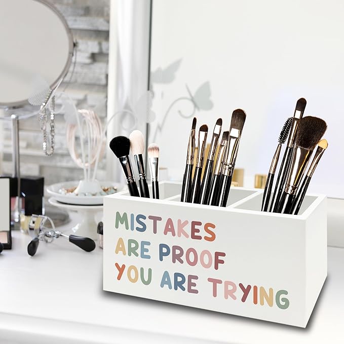 XPH Boho Inspirational Pen Pencil Holder Organizer for Desk, Positive Inspirational Gifts, Mistakes are Proof You are Trying Motivational Wooden Box Sign for Classroom Desk Tabletop Decorations