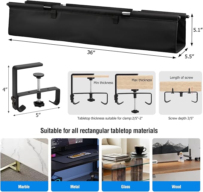 Under Desk Cable Management Tray, 36-Inch Heavy Duty No-Drill Clamp & Screw Mount Cord Organizer, Holds Power Strip & Large Adapters for Home Office, Gaming Desk, Study Room