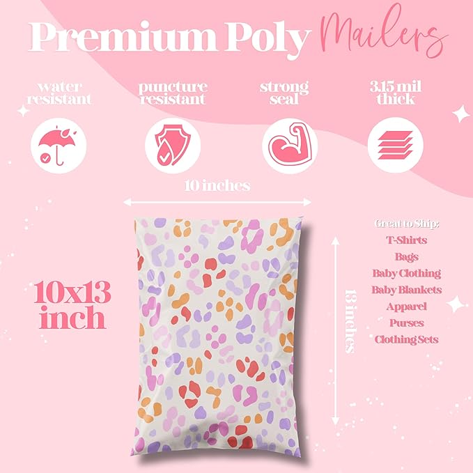 Pretty Package Store 10x13 Designer Poly Mailer 100 Pack Heavy Duty Waterproof Self Seal Shipping Bags for Small Business Large Mailing Envelopes Bulk Tear Resistant Cute Packaging Preppy Leopard