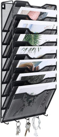 EasyPAG 8 Pocket Mesh Wall File Organizer with Key Hooks, Hanging Paper Folder Holder with Classify Label, Vertical Wall Mount Mail Organizer for Office Home Classroom, Black