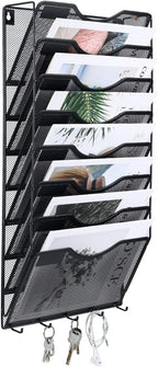 EasyPAG 8 Pocket Mesh Wall File Organizer with Key Hooks, Hanging Paper Folder Holder with Classify Label, Vertical Wall Mount Mail Organizer for Office Home Classroom, Black