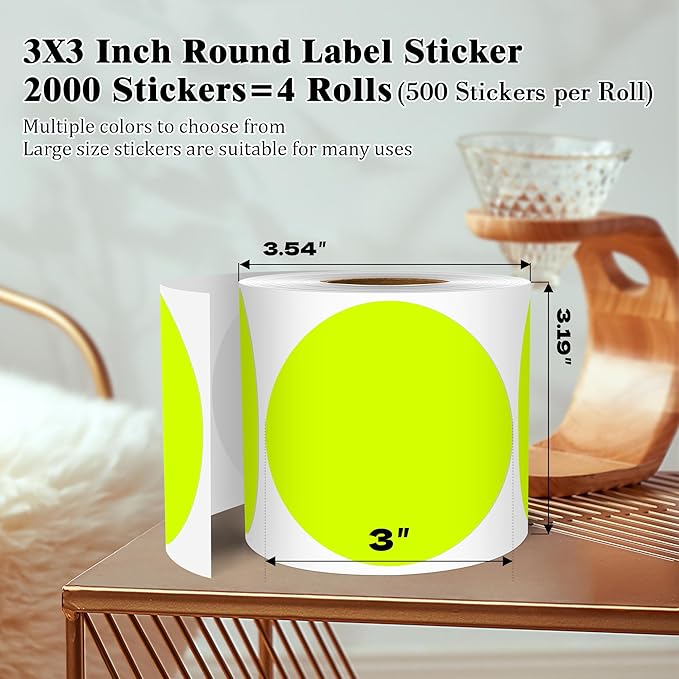3 Inch Round Colored Dot Stickers, 2000 PCS, 4 Rolls in Dispenser Box - Fluorescent Yellow Circle Color Coding Labels Dot Labels for Office, Home, Inventory Organizing
