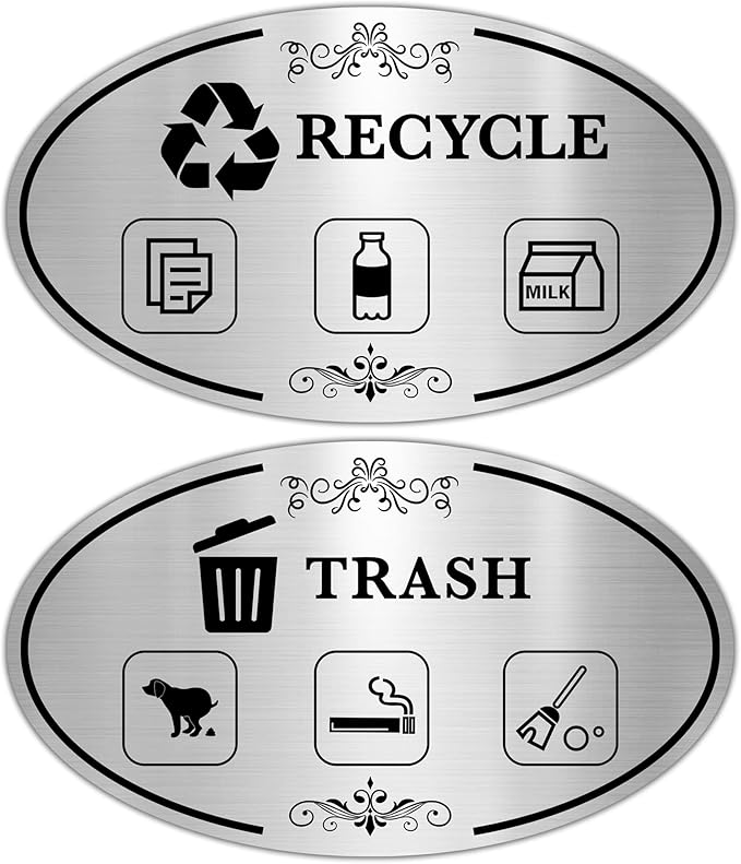 2PCS Recycle Stickers for Trash Bins, Self-Adhesive Waterproof Brushed Silver Trash and Recycling Stickers for Trash Can, Kitchen, Office, Garbage Bin Indoor, Outdoor Use 5.5x3.2IN
