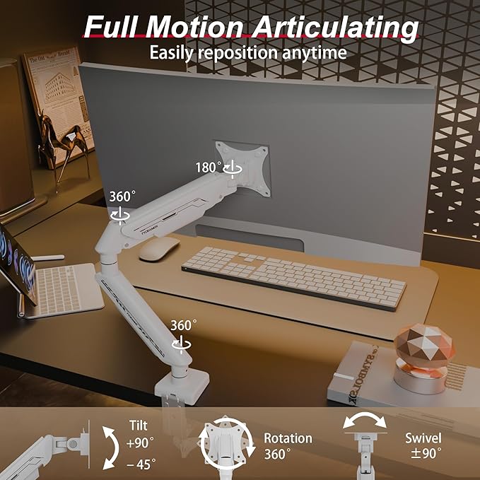 Fydeamer Monitor Arm for 17-35" Screens up to 24.2 lbs, Ergonomic Gas Spring Monitor Stand with Height Adjust, Tilt, Swivel & Cable Management, VESA Desk Mount with 2 Types of Installation, White