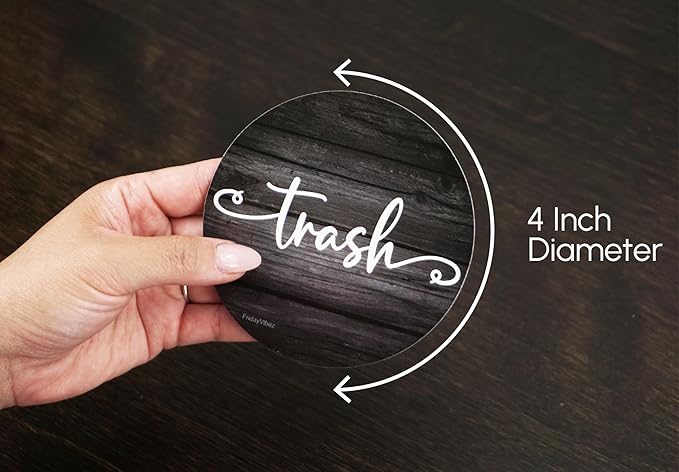 Farmhouse Recycle and Trash Magnets for Kitchen Trash Cans and Recycling Bins, Trash and Recycle Magnet Combo for Garbage Can Logo Symbol, 2 Magnetic Sticker Adhesives, 4" Circle, Outdoor Waste Bin