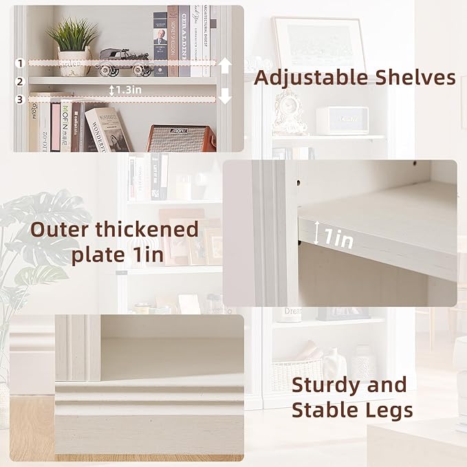 RWYHG 70" White Tall Bookshelf,5-Tier Thick Wooden Book Shelf with Adjustable Shelves,Free Standing Farmhouse Bookcase with Open Display Storage,Floor Vintage Bookshelves for Living Room,Office
