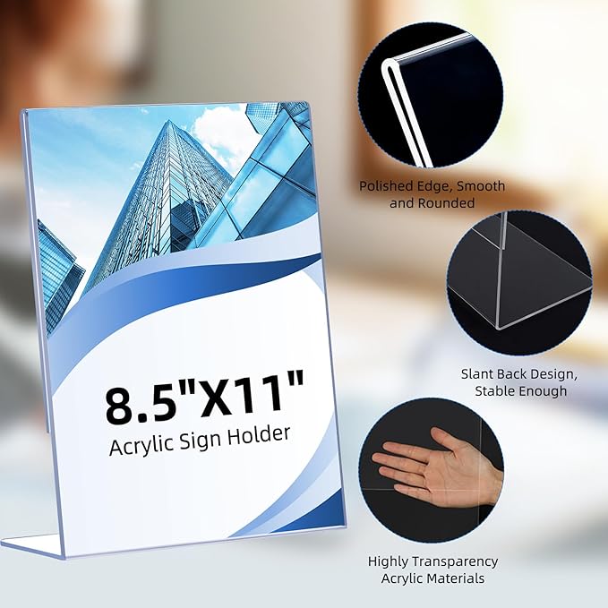DECOHOBO 12 Pack Acrylic Sign Holder 8.5 x 11, Clear Plastic Display Stands for Tabletop, L-Shape Acrylic Stands for Flyers, Documents, Office, Restaurants, Vertical Sign Holder 8.5x11 for Desktop
