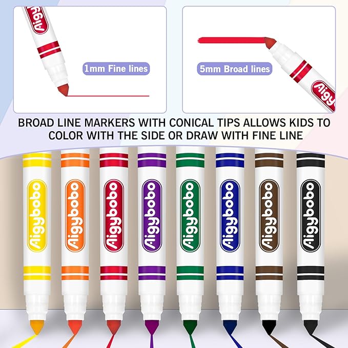 Aigybobo 200 Count Washable Markers Bulk, 8 Assorted Colors, Broad Line Conical Tip Coloring Marker for Kids, Markers Bulk Pack for Classroom, School Art Supplies & Back to School Supplies