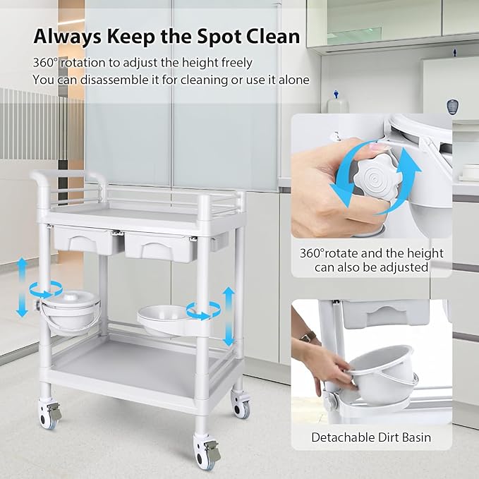 Medical Mobile Trolley Cart 2-Shelf 220 LBS Max Load Rolling Utility Cart Heavy Duty Beauty Salon Storage Cart with Drawers Dirt Buckets Rotate Wheels 2 Brake for Hospital Dental Clinic Home