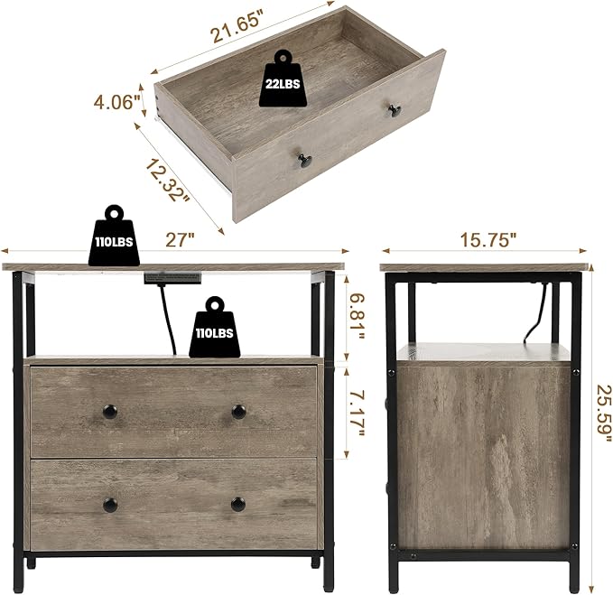 Edbuosy 27 inch Wide Night Stand with Charging Station, Bedside Table with Open Shelf, 2 Drawers Small Wood Dresser, Modern Wood Nightstand for Bedroom/Living Room (Rustic Gray)