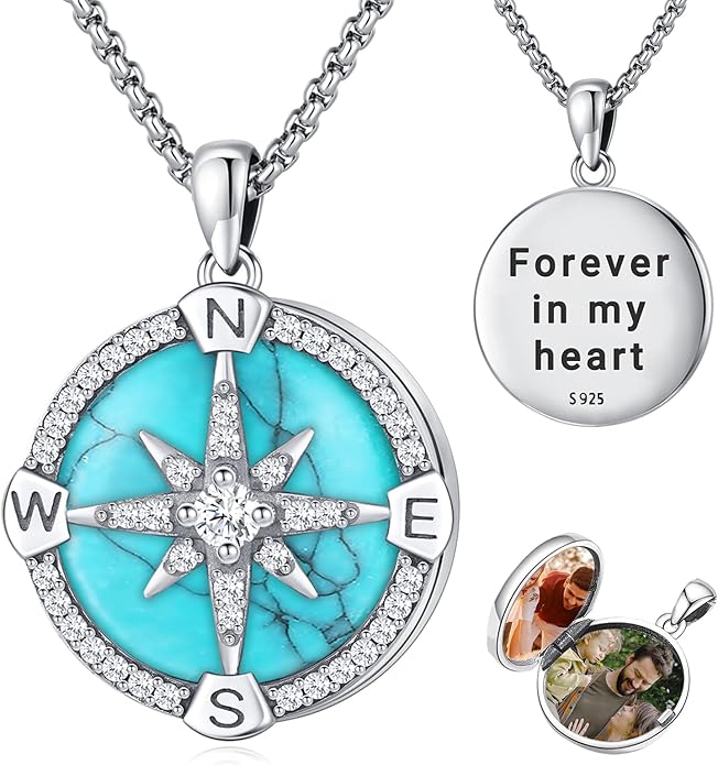 Compass Necklace for Women Men 925 Sterling Silver Pendant Urn Necklaces for Ashes Picture Locket Necklace Anchor Necklace Viking Necklace Crystals CZ Moonstone Abalone Shell Turquoise Compass Jewelry