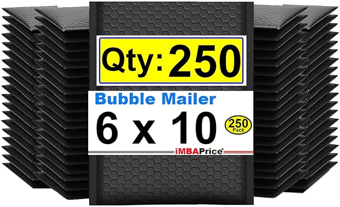 iMBAPrice 6x10 Inch Black Poly Bubble Mailers #0, 250-Pack – Self-Seal Waterproof Padded Shipping Envelopes, Small Opaque Mailing Bags for Small Business & E-commerce