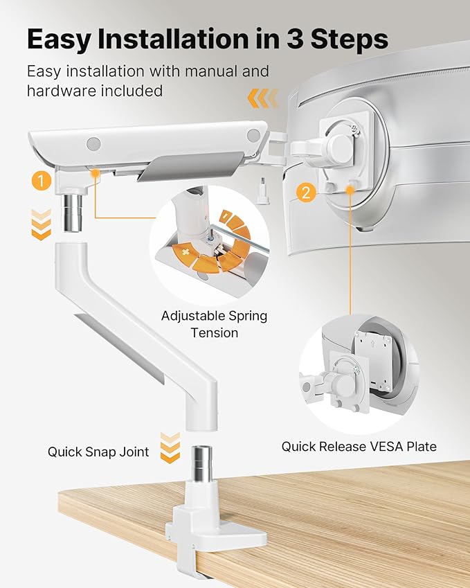 monTEK Sleek Aluminum Monitor Arm for 17–57” Ultrawide Screens up to 59.4 lbs, USB 3.0 A/C, Heavy Duty Single Monitor Arm Desk Mount, Pneumatic Lift, Quick-Release Plate, Clamp/Grommet, VESA 100x100
