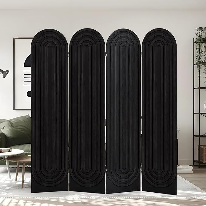 Asnefeli Room Divider and Folding Privacy Screen, 4 Panel Wood Arched Room Divider Wall, Portable Freestanding Partition Screen, Partition Divider for Room Separation for Home Office Bedroom, Black