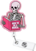 How to Be A Nurse Funny Skeleton Book Nurse Badge Reel, Cute Pink Radiology X-ray Retractable ID Card Medical Badge Holder, Name Tag Badge Buddy for RN LPN CNA MA Nursing Student Medical Workers