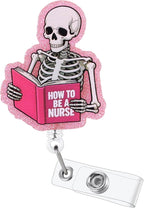 How to Be A Nurse Funny Skeleton Book Nurse Badge Reel, Cute Pink Radiology X-ray Retractable ID Card Medical Badge Holder, Name Tag Badge Buddy for RN LPN CNA MA Nursing Student Medical Workers