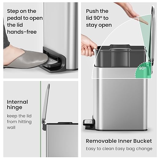 Cesun Small Bathroom Trash Can with Lid Soft Close, Step Pedal, 6 Liter / 1.6 Gallon Stainless Steel Mini Garbage Can for Office, Outdoor Trash Bin with Removable Inner Bucket (Silver)