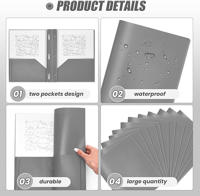 Lincia 100 Pcs Plastic Folders with Pockets and Prong Folders with Prongs 2 Pockets for Office, School for Students, Teachers, Office Workers(Gray)