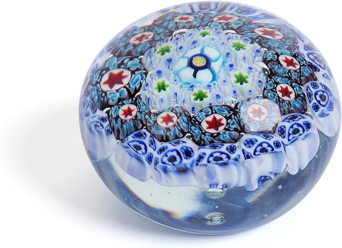 Yao Yuan Handcrafted Glass Paperweight - Beautiful Flower Figurine, Unique Desk Accessory for Home or Office (White millefiori, 3 in)