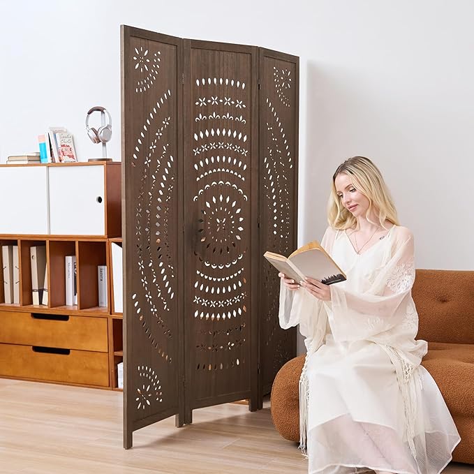 5.6 Ft Folding Room Divider, Portable Privacy Screen & Partition, No Assembly Required for Use as Cat Litter Box Cover, Clutter Hider, Room Separator, 3 Panels (Brown)