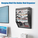 KZWKRG 6 Tier Wall File Organizer Hanging Vertical File Organizer, Wall Mounted Mail Paper Document Folder Holder, Mesh Magazine Rack Mail Document Organizer for Office School Home(Black)
