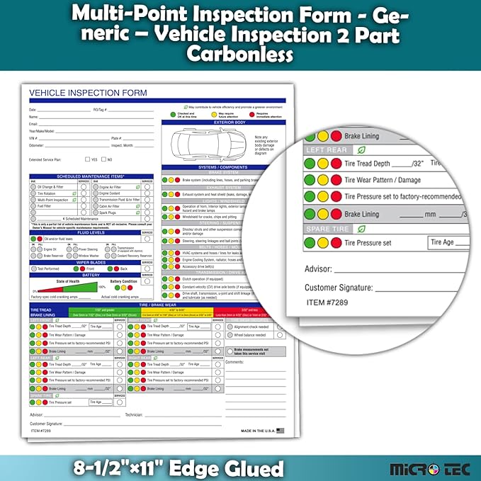 Multi-Point Inspection Form for Vehicles – 2-Part Carbonless Vehicle Checklist Pad – 8.5" x 11" Inspection Report – Edge-Glued, Manufacturer Recommended – White - Pack of 500
