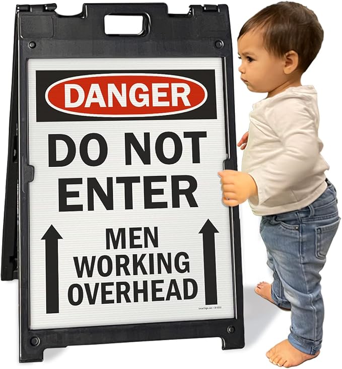 SmartSign 24 x 18 inch “Danger - Do Not Enter, Men Working Overhead” Two-Sided BabyBoss A-Frame Sign Kit, Plastic, Multicolor (1 A-Frame + 2 Sign Panels), Made in USA