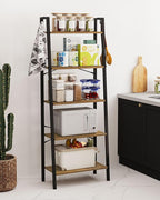 Hzuaneri Ladder Shelf, Bookshelf Bookcase, Freestanding Corner Storage Shelve with 2 Hooks for Home Office, Living Room, Kitchen, Bedroom, Industrial, 11.8" D x 23.6" W x 63" H, Rustic Brown BC19301B