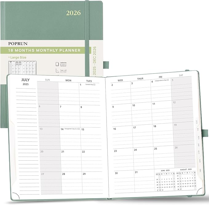 POPRUN 2025-2026 Monthly Planner (B5 8" X 10"), 18-Month Calendar Book (Jul.25 - Dec.26) with Monthly Tabs, Hardcover, Inner Pocket, 100GSM Thick Paper - Midnight Green