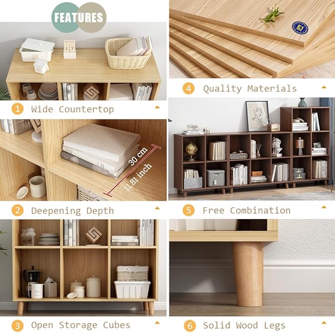 IOTXY Open Cube Low Bookcase - 3-Tier Freestanding Storage Display Cabinet Organizer with Legs for Home Office, 7-Cubes Open Shelf Short Bookshelf, Walnut