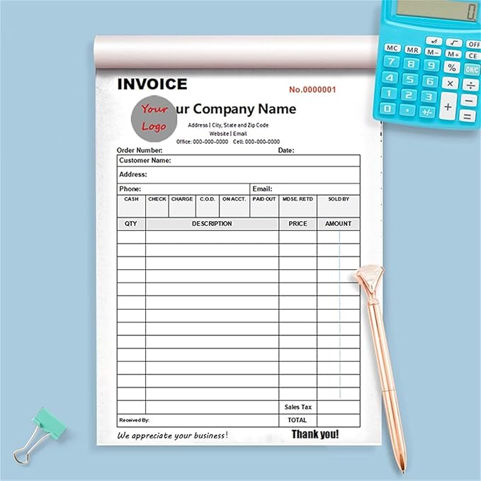 Custom Invoice Book in 3-Part /2-Part Receipt Book with Carbon Copies Personalized Carbonless Service Invoice Form Books Sales Order Book with Company Name Logo Address,A-Invoice Book
