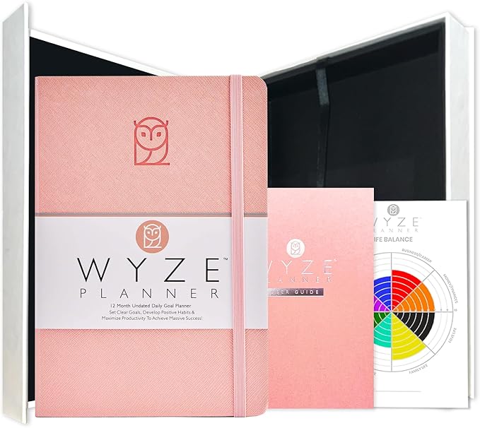 Wyze Planner Undated Daily Planner – 1-Year B5 Productivity Organizer with Two-Page Weekly Spread, Goal Setting, Habit Tracker, Weekly & Monthly Pages – Hardcover Time Management Notebook (Pink)