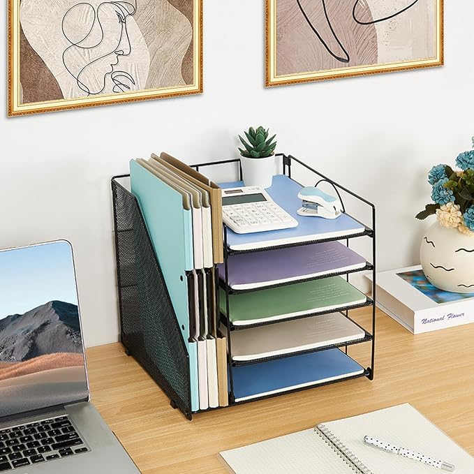 LEKETREE Desk Organizers and Accessories, 5-Tier Paper Letter Tray Organizer with File Holder, Desktop Organizer for Office Supplies (Black)