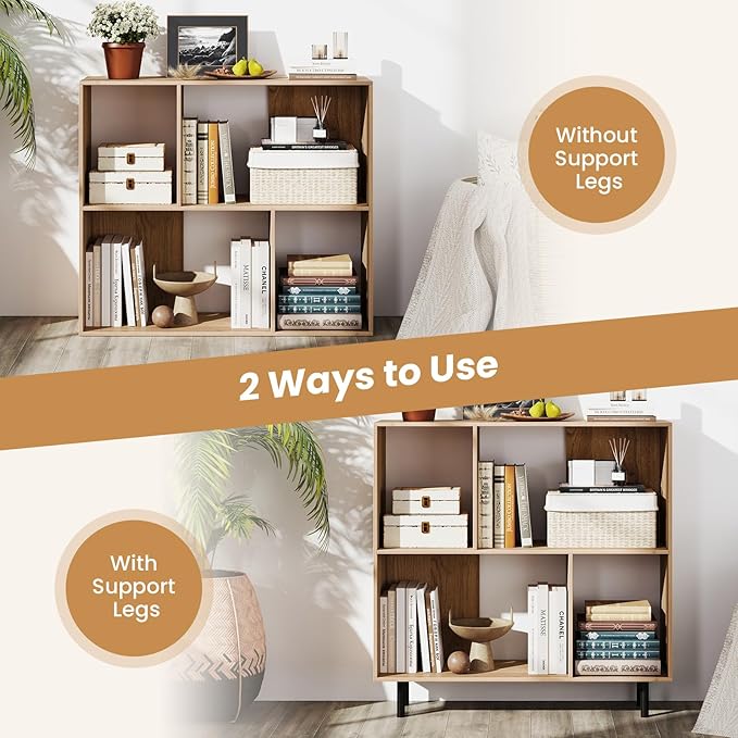 Tangkula 4 Cubby Open Bookcase, 3-Tier Freestanding Bookshelf with Detachable Metal Legs, Anti-toppling Device, Anti-Falling Baffles, Modern Cubicle Display Shelf (2,Natural)