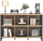 FATORRI 6 Cube Storage Organizer with Shelf, Long Wood and Metal Cubby Bookcase, Industrial Horizontal Bookshelf (Rustic Oak, 47 Inch) | with Shelf, Long, Horizontal Bookshelf