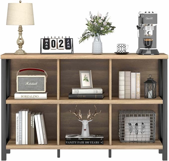 FATORRI 6 Cube Storage Organizer with Shelf, Long Wood and Metal Cubby Bookcase, Industrial Horizontal Bookshelf (Rustic Oak, 47 Inch) | with Shelf, Long, Horizontal Bookshelf