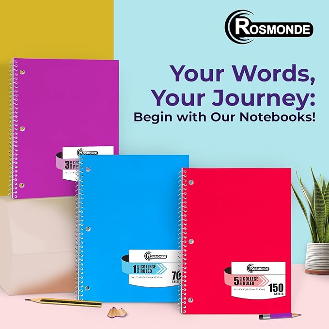 Rosmonde Spiral Notebook, 24 Pack, 1 Subject, College Ruled, 70 Sheets, 8 x 10-1/2",Bulk College Ruled Spiral Notebook for School, 3 Hole Punched, Single Subject Notebook Bulk, Assorted Colors