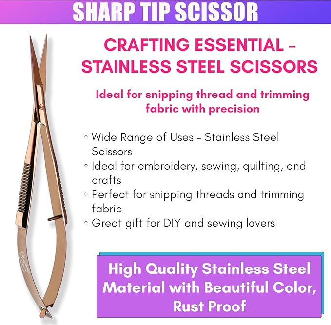 Cross Edge Spring Scissors 5 Inch straight Stainless Steel Precision Eyebrow & Eyelash Shaping & Trimming Scissor, Snips Squeeze, Embroidery, Knitting Micro Tip Craft Scissors (Rose Gold)