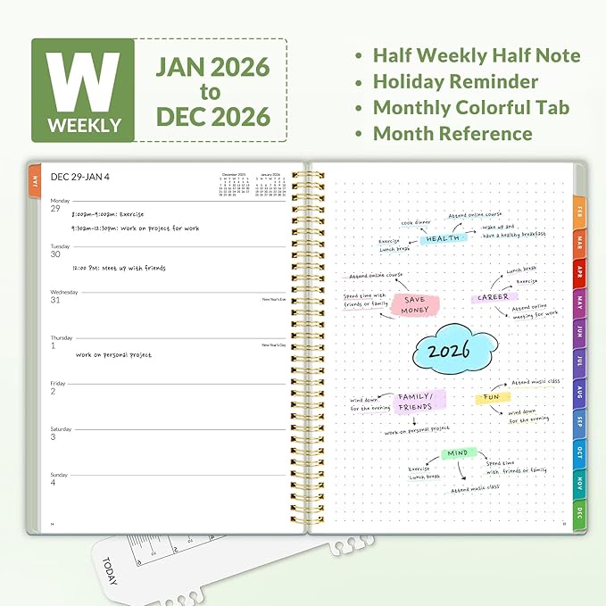 SUNEE 2026 Planner, Weekly and Monthly Calendar Planner, January 2026-December 2026, Daily Agenda with Tabs, Note Pages, Spiral Binding, 8.5"x11", Green