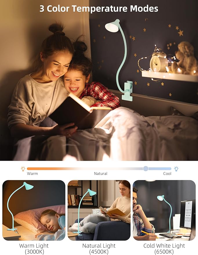 LiFMIRA Reading Light for Bed, Clip-on Desk Lamp with Flexible Neck, 3 Color Modes & 10 Dimmable Brightness, Teal