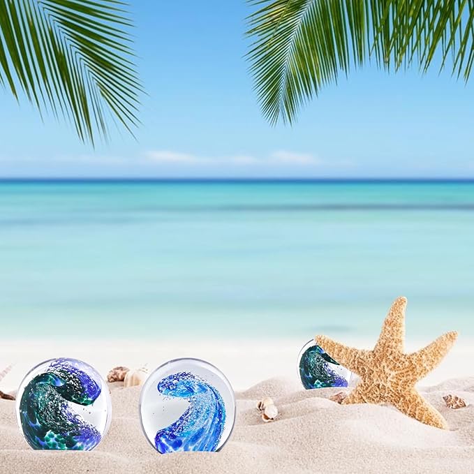 LCCCK Hand Blown Glass Ocean Waves Glass Ball Beach Office Decor, Blue Glass Paperweight Ideal Beach Decorations for Home, Suitability Seaside Villa Aquarium Ocean Lover's Gift