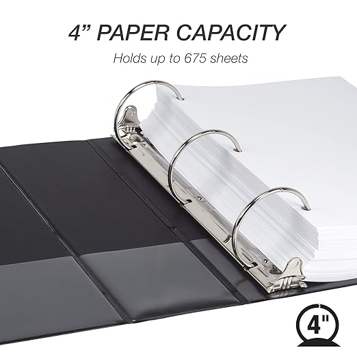 Samsill 4 Inch 3 Ring Binder, Made in USA, Economy Round Ring, Clear View Cover, 675 Sheet Capacity - for School, Home, Office - Charcoal Black
