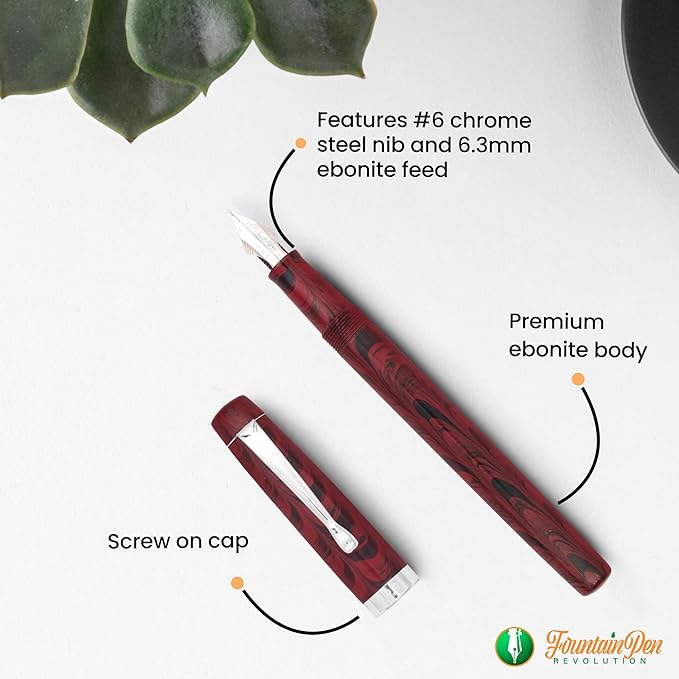 FPR Himalaya V2-Chrome Ultra Flex Nib Pen - Twist-Style Converter Filled Calligraphy Pens for Writing - Fancy Pens for Men & Women - Flex Fountain Pen w/Metal Clip & Cap Ring (Maroon Ebonite)