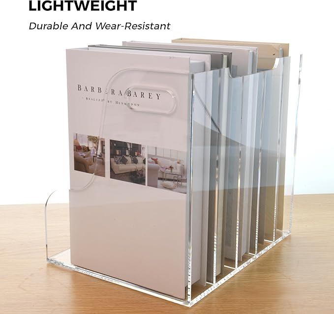 AIMOLLY 5 Vertical Compartments File Holder, Clear Acrylic Desk Organizer and Storage Bins Holding for Magazines, Binders, Notebooks, Envelopes, Multi-purpose Document Organizer for Home Office