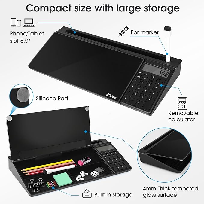 Varhomax Glass Desk Whiteboard Gray with Calculator, Desktop Organizer Dry Erase White Board with Storage, to Do List Memo Notepad for Home Office and School Supplies